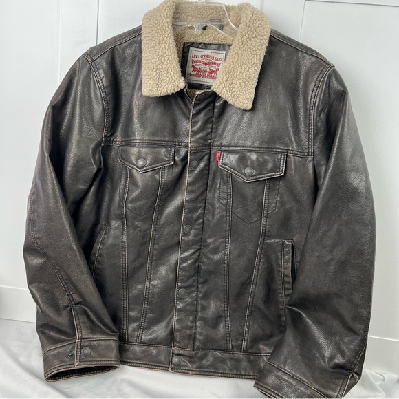 Levi Strauss & Co Faux Leather/Sherpa Lined Bomber Jacket Men’s XL Dark Brown - Picture 1 of 9